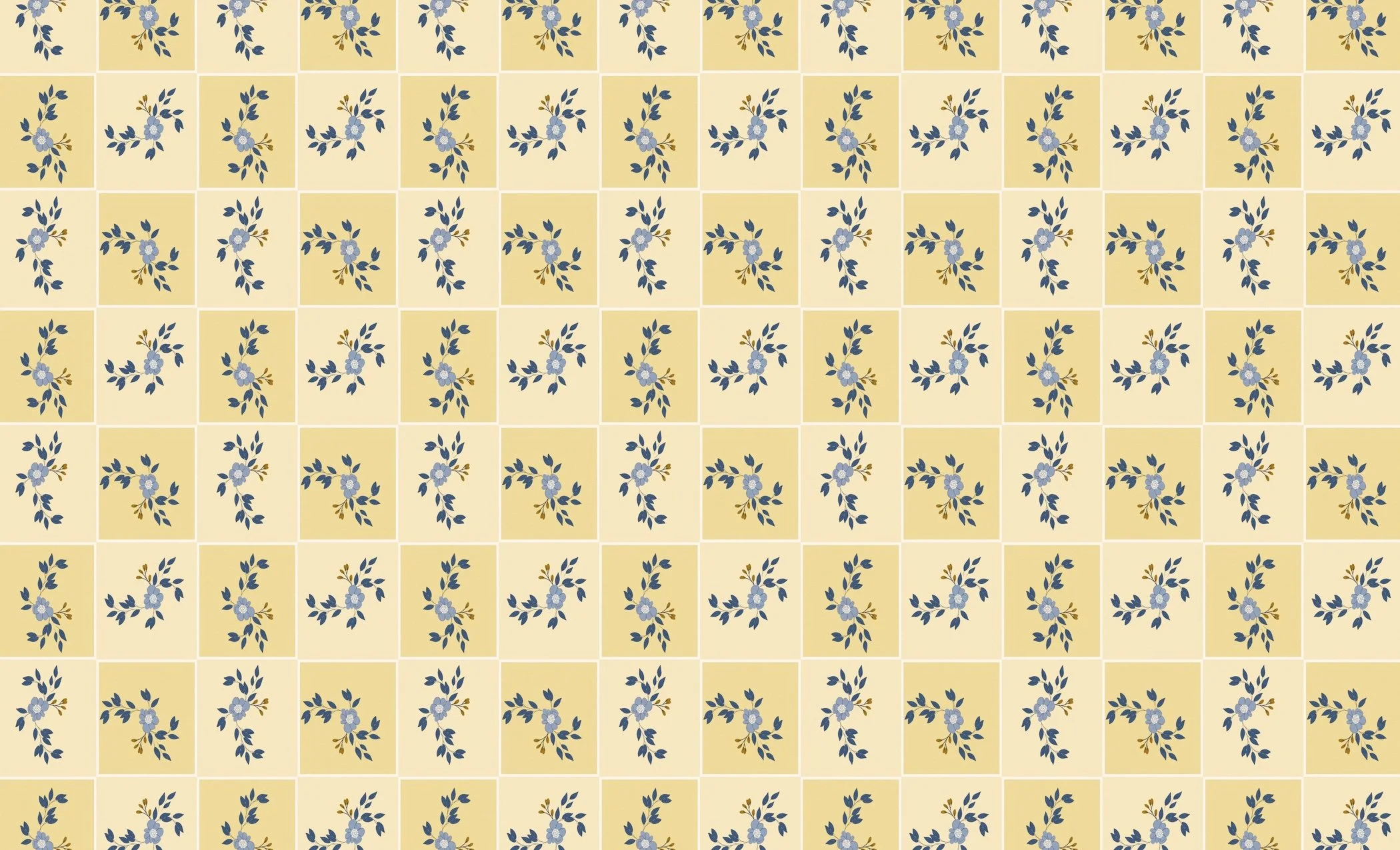 Pattern of small floral designs on square tiles, featuring blue flowers with green leaves and yellow accents on a light yellow background.