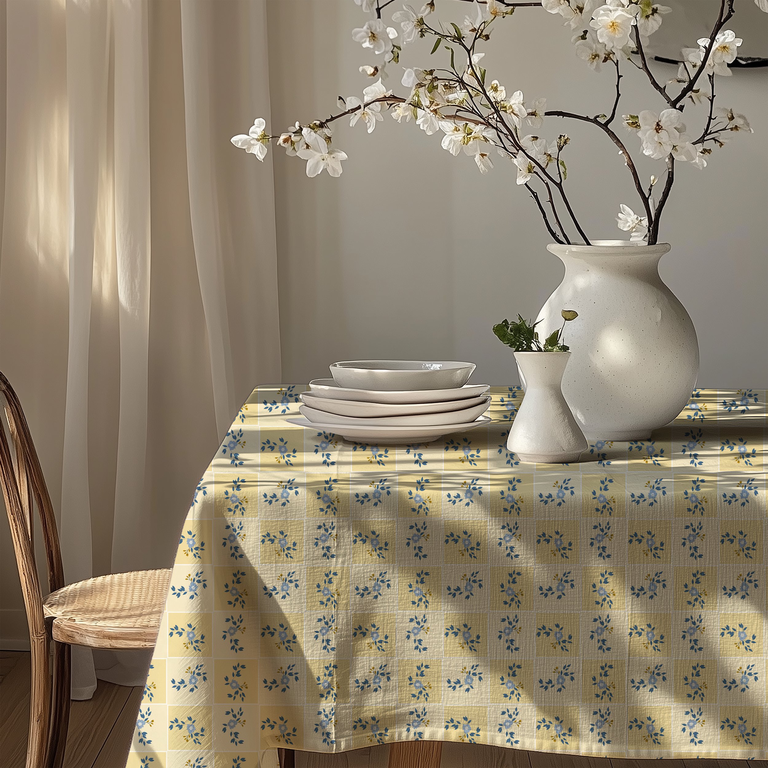 Table with a yellow and blue floral tablecloth, decorated with a large white vase holding branches with white flowers, a small white vase with green foliage, and a stack of white plates. Curtains in the background.