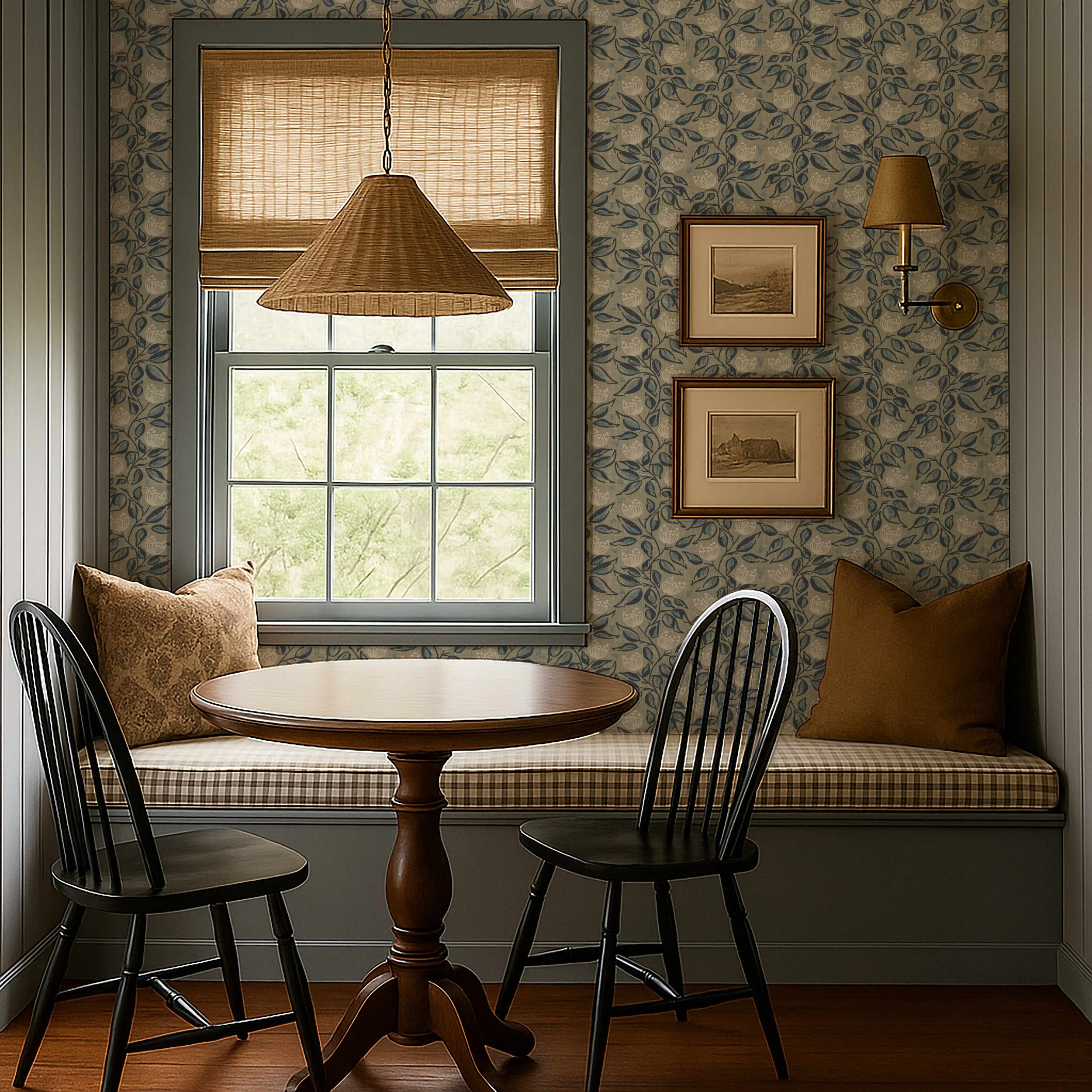 Cozy indoor breakfast nook with a window seat, two framed landscape sketches on patterned wallpaper, a small round wooden table, two black Windsor chairs, and a window with a bamboo shade.