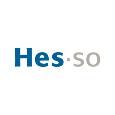 Logo avec le texte "Hes.so" en bleu et gris.
