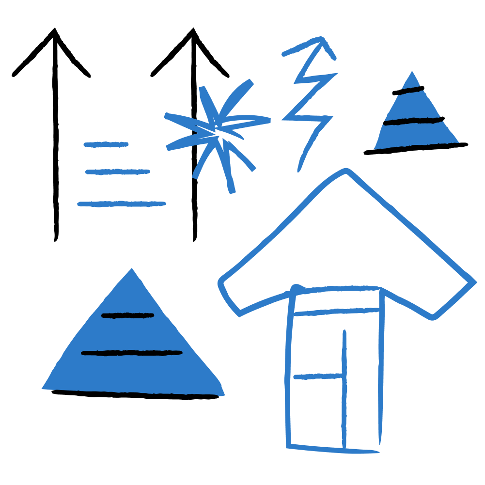 Dessin abstrait avec différentes formes géométriques en bleu, incluant une pyramide, un éclair, une étoile, une flèche et un diagramme en barres.