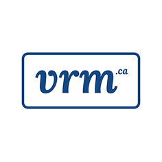 Logo de VRM.ca en blanc et bleu dans un cadre rectangulaire