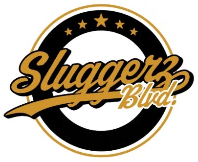 Logo for Sluggerz Blvd featuring stylized text and stars in black, gold, and white colors.