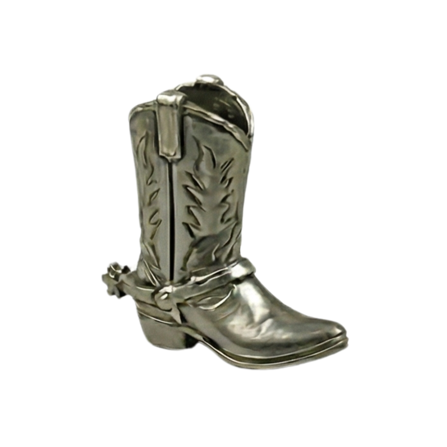 Silver cowboy boot-shaped container or object with detailed stitching and design, standing upright against a neutral background.