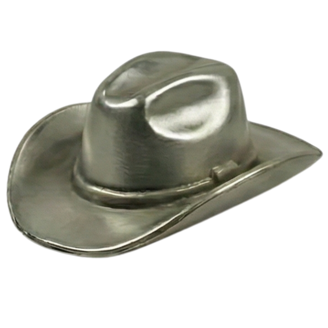 Silver cowboy hat with a wide brim and a high, creased crown.