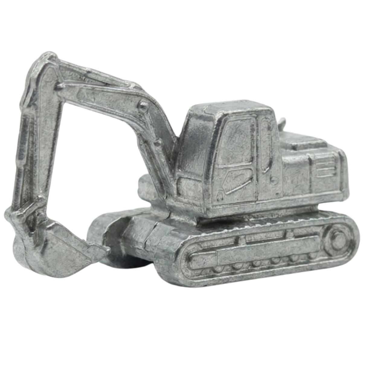 Silver-colored metal toy excavator with detailed cabin, arm, and tread tracks.