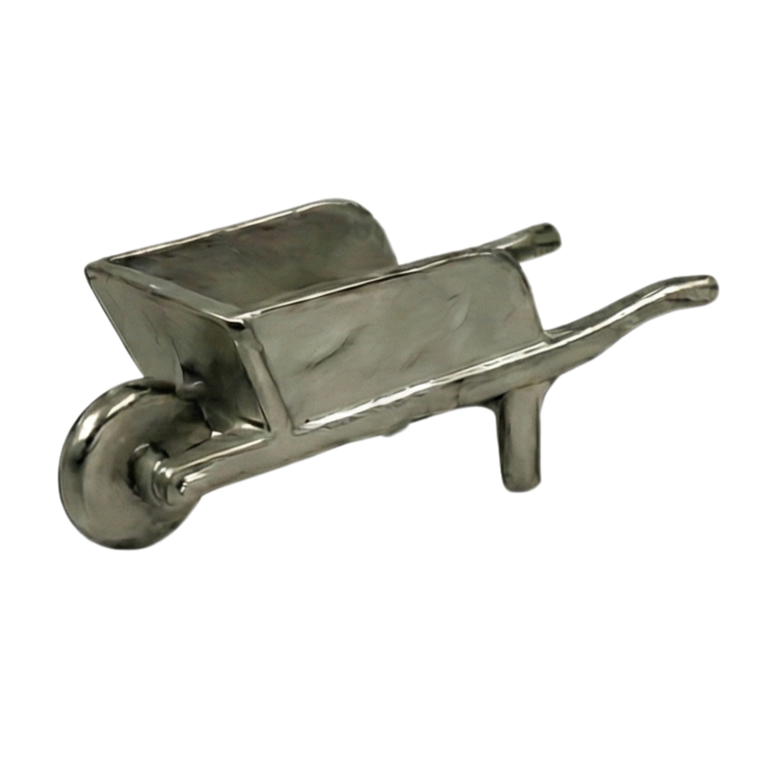 A silver miniature wheelbarrow model with a rounded wheel and handles.