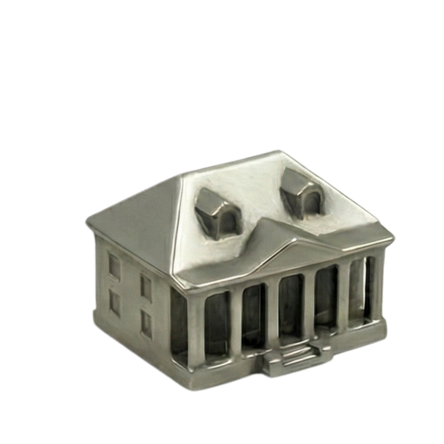 A small silver metal house-shaped cup holder with windows and a roof.