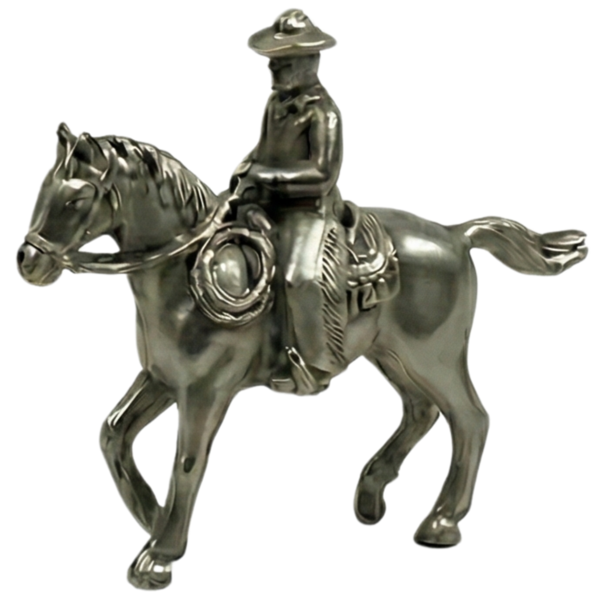 A metal sculpture of a cowboy riding a horse, both with detailed features. The cowboy is wearing a hat and sitting in a saddle with reins.