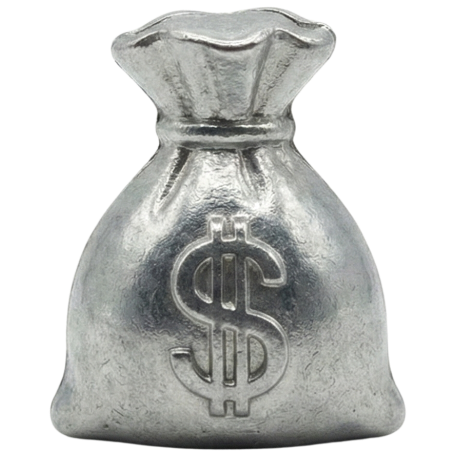 Silver-colored money bag with a dollar sign embossed on it.