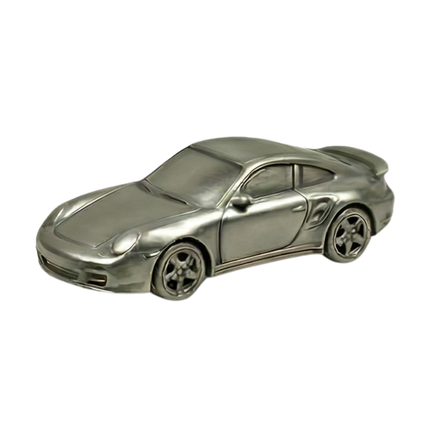 Metallic silver toy sports car with black wheels and streamlined design.