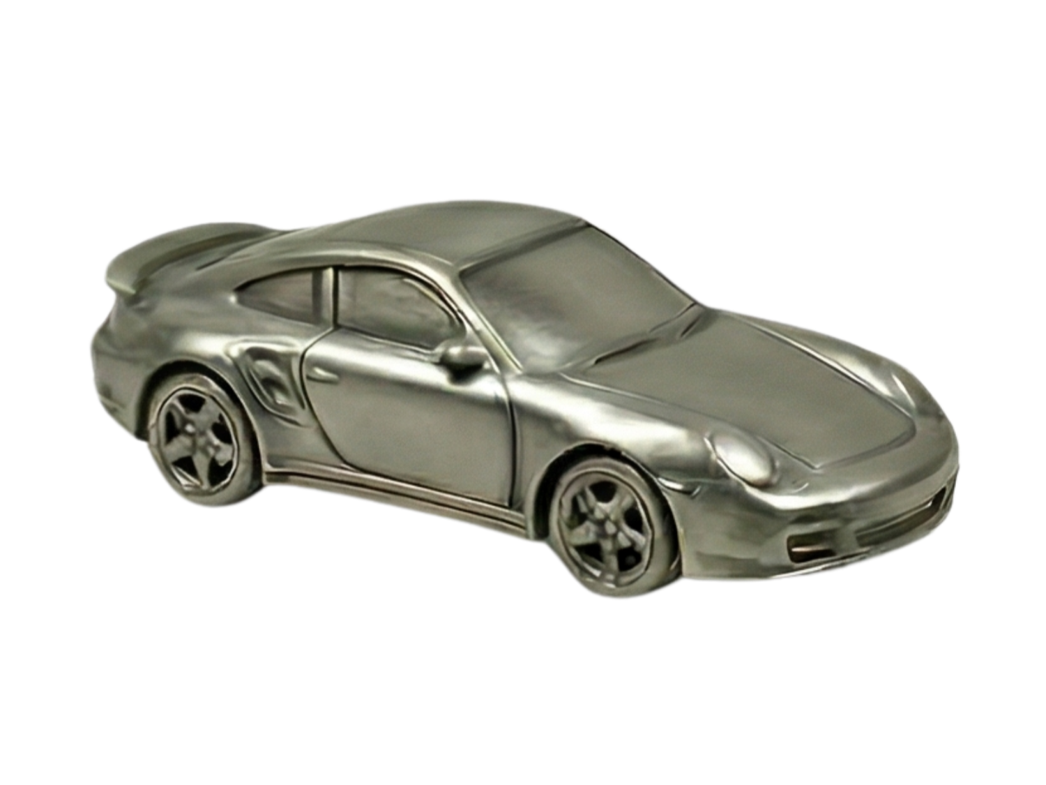 Silver toy model car resembling a sports car, with detailed wheels and aerodynamic design.