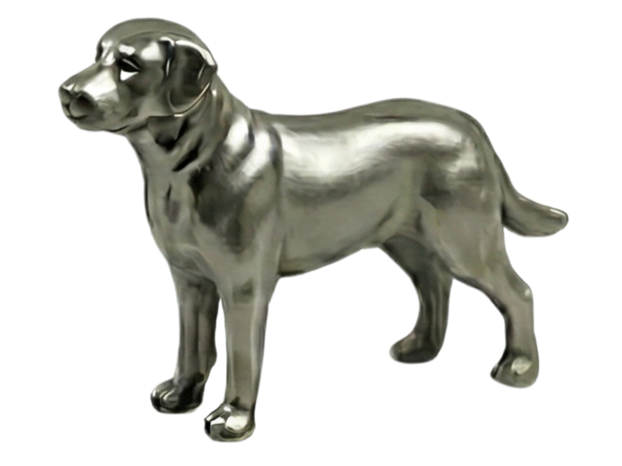 Silver metallic sculpture of a standing dog, resembling a Labrador Retriever