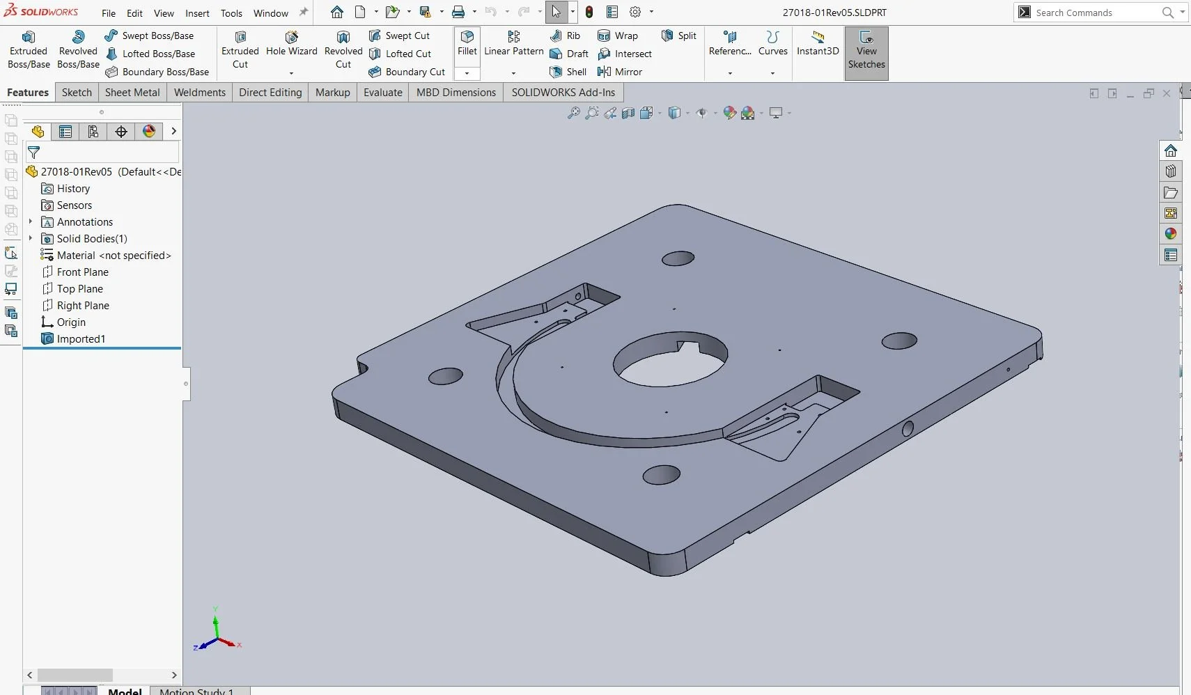 A CAD 3D model of a rectangular metal plate with multiple holes and cutouts, displayed in SOLIDWORKS software.