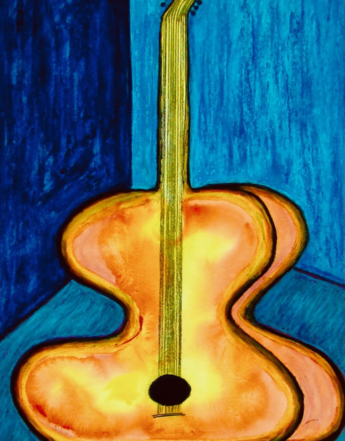 Guitar – watercolors, oil sticks, and charcoal, 22" x 28"