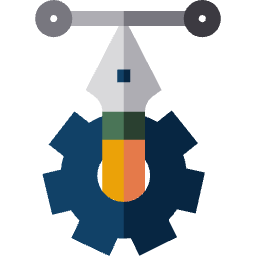 A mechanical gear with a fountain pen nib attached to the top.