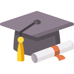 Graduation cap with a diploma scroll.