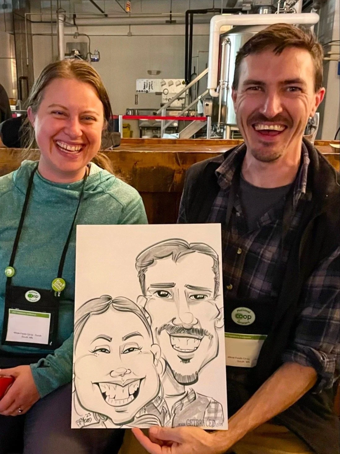 corporate convention entertainment caricature couple laughing Minnesota brewery event