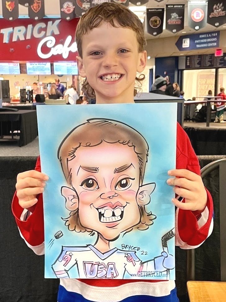 Caricature drawing hockey mullet kid Blaine Minnesota funny party caricatures