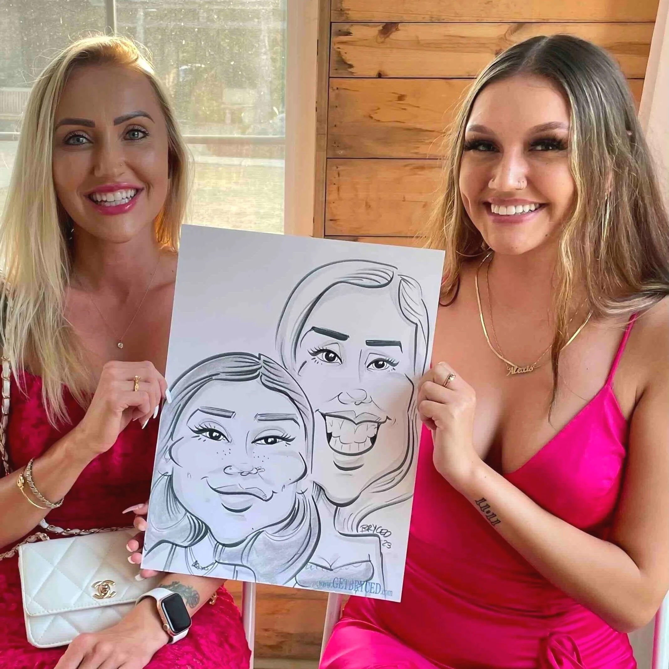 wedding caricature drawing women hot pink dresses