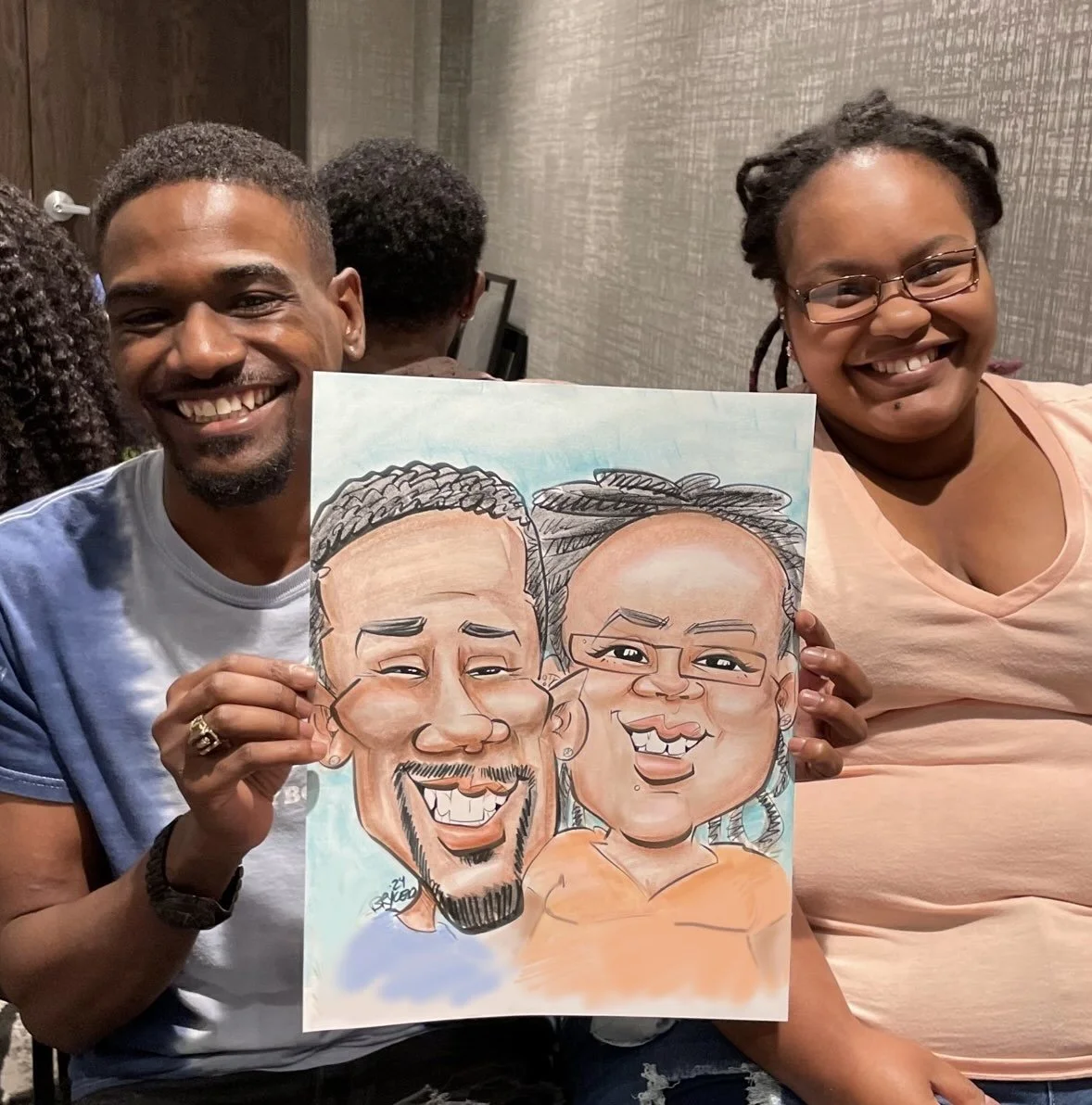 Minneapolis-baby shower party entertainment color caricature brother sister laughing