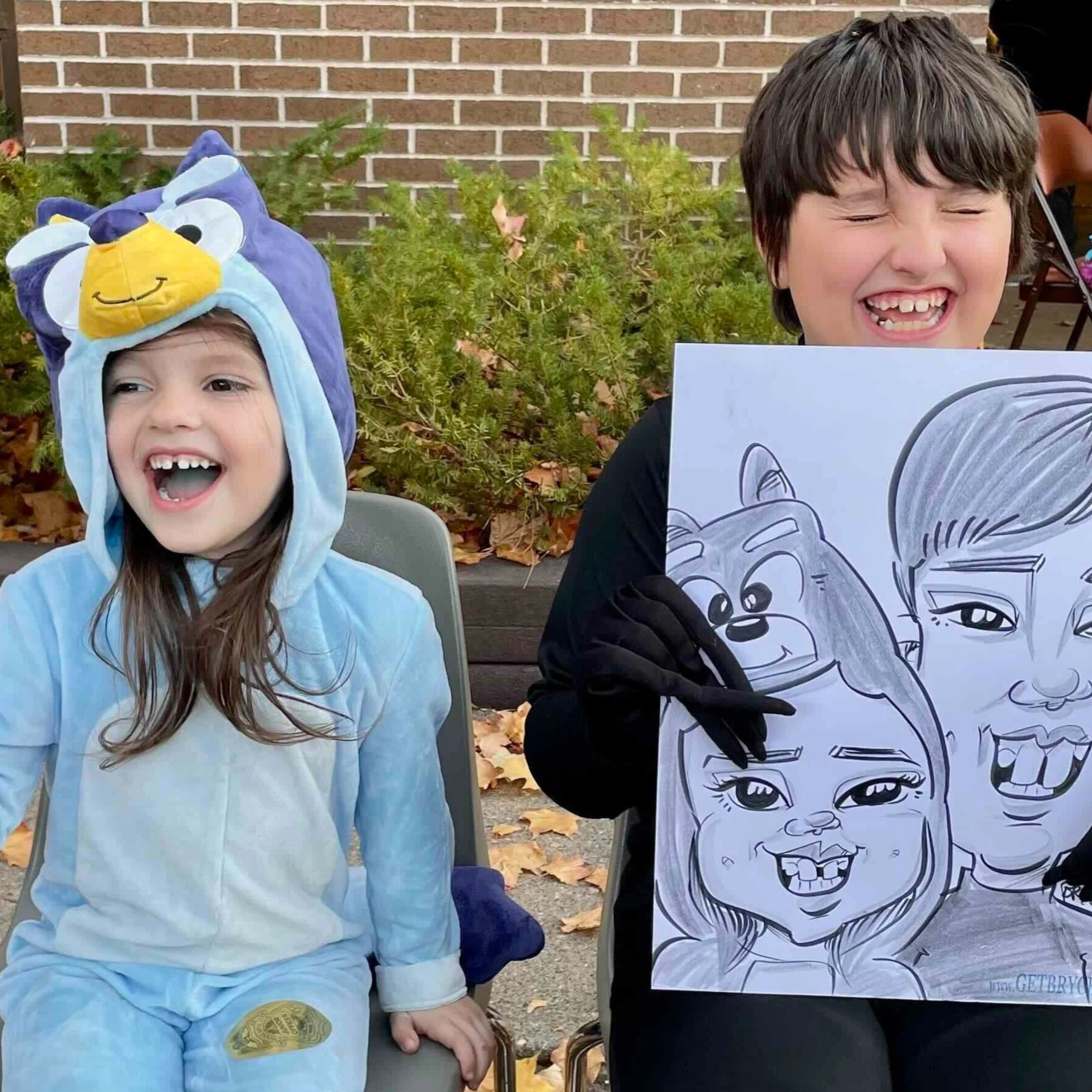 halloween party caricature kids laughing in costumes batman bluey cartoon drawing community event Minneapolis