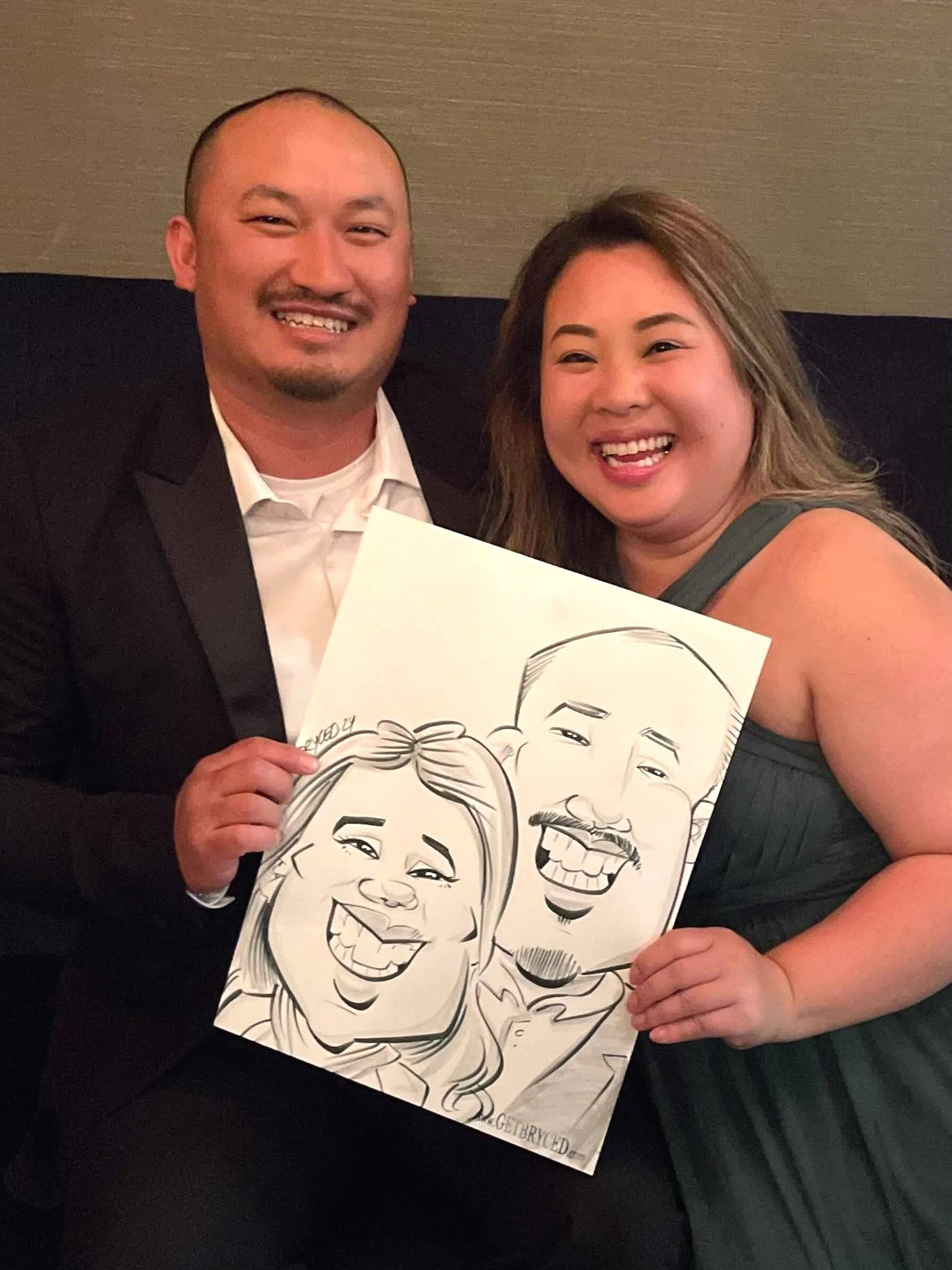 caricature employee party couple laughing smiling fun party events center
