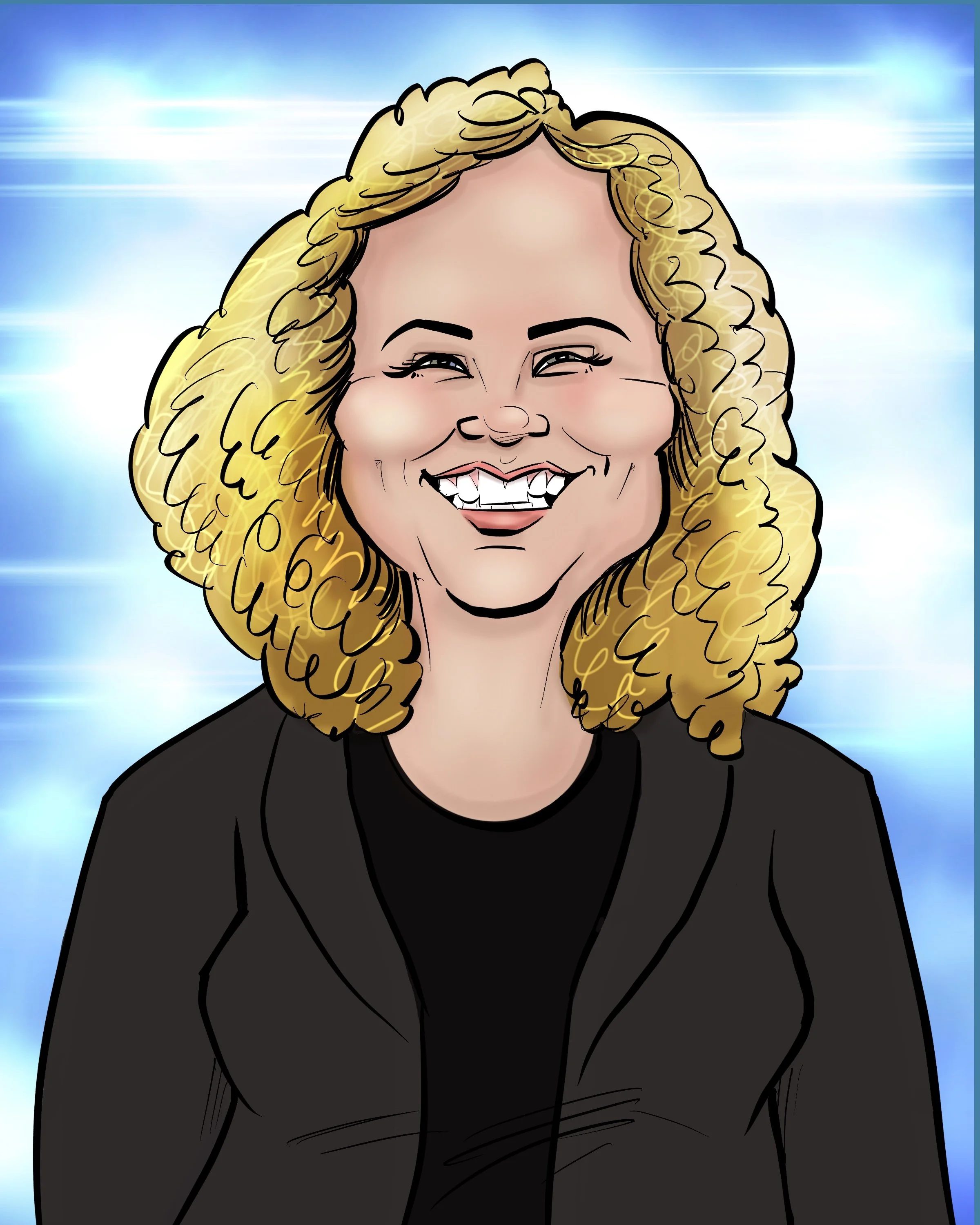 digital color caricature commission blond woman curly hair business suit