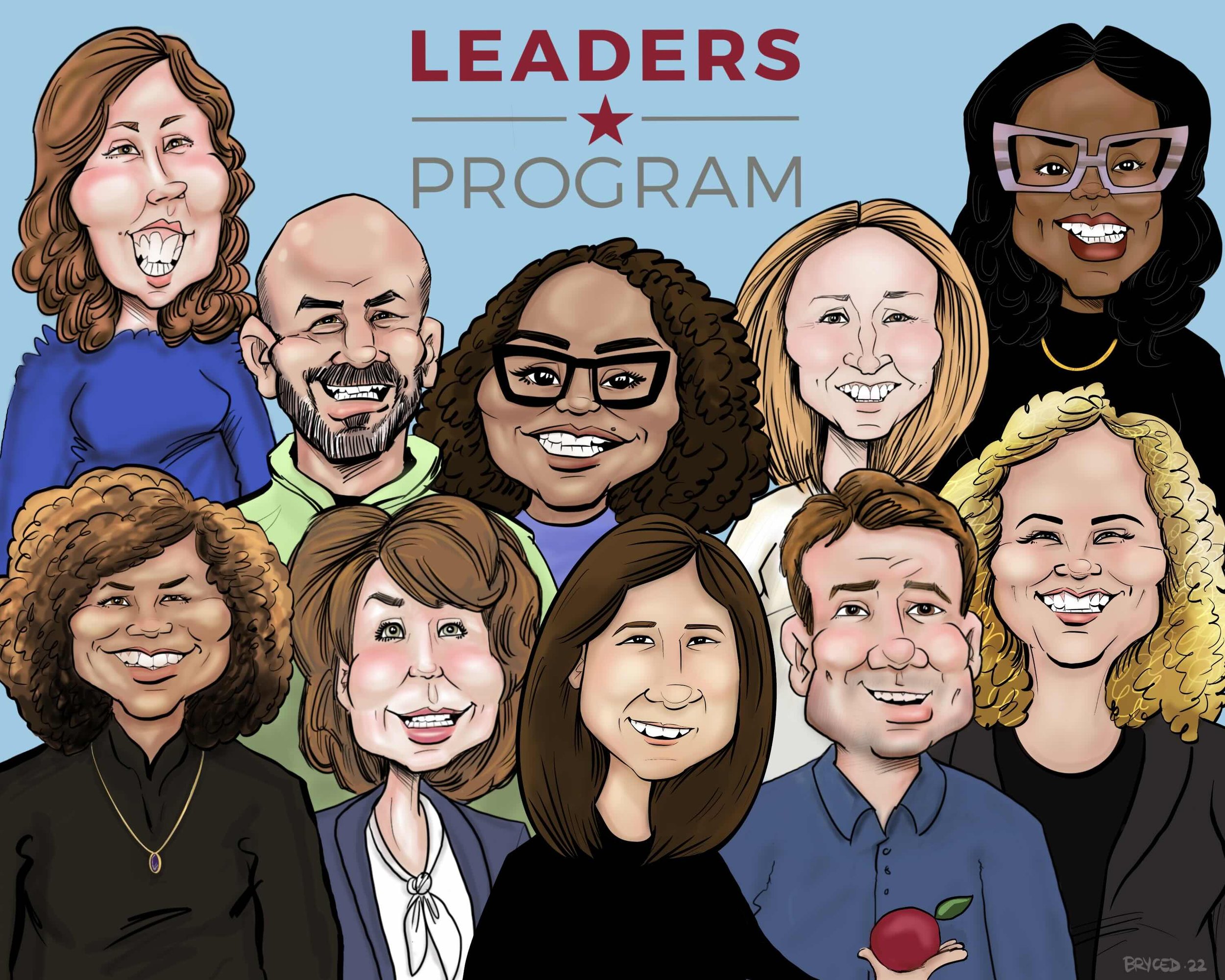 digital color caricature commission leaders program company group photo