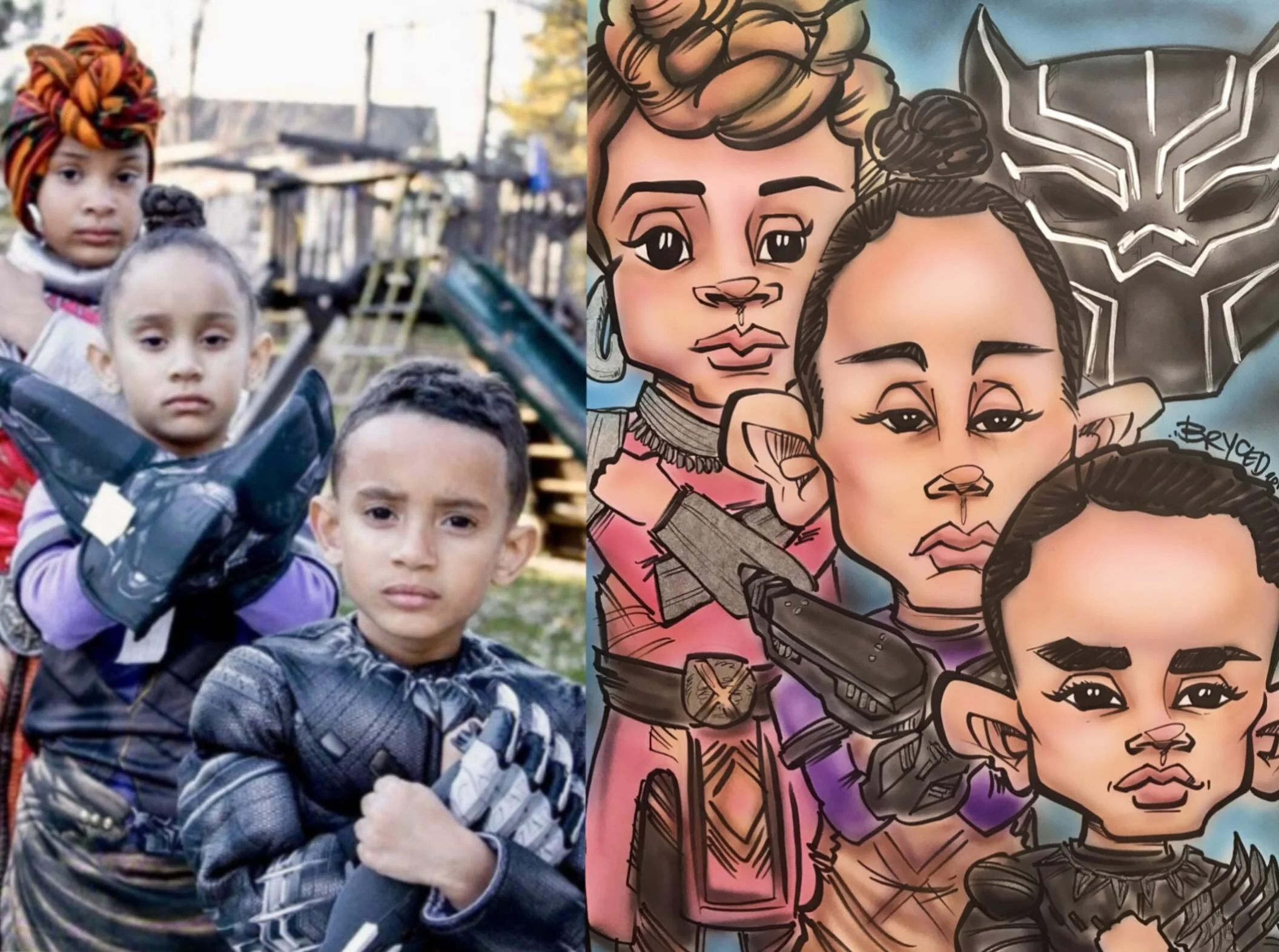 kids dressed as black panther airbrush color caricature commission cute