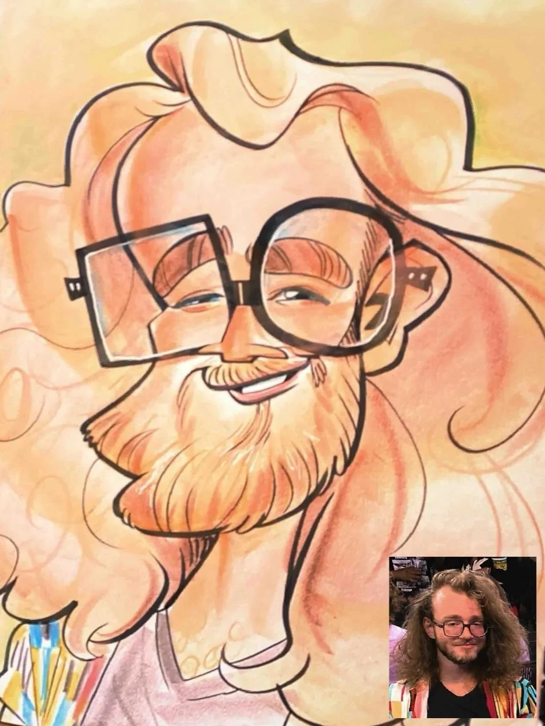 color caricature of a long-haired bearded man with large glasses, with an inset reference photo, drawn by Ash, caricaturist for DRAWING SMILES Caricatures.
