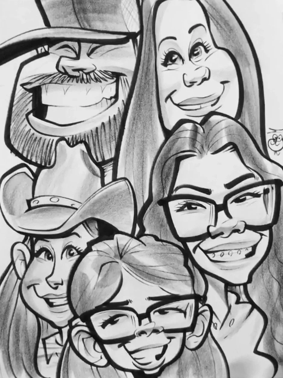 Black and white group caricature of family of five with exaggerated expressions, drawn live at a Twin Cities event by DRAWING SMILES Caricatures.