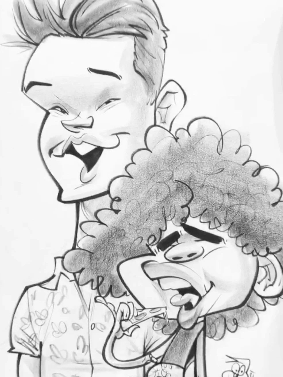 Black and white caricature of a man laughing and a woman with an exaggerated crying expression, a playful live drawing from a Minneapolis event.