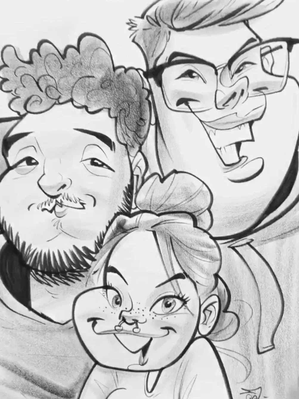 Black and white caricature of three people taking a group selfie with joyful, playful expressions, drawn live at a Minnesota event.