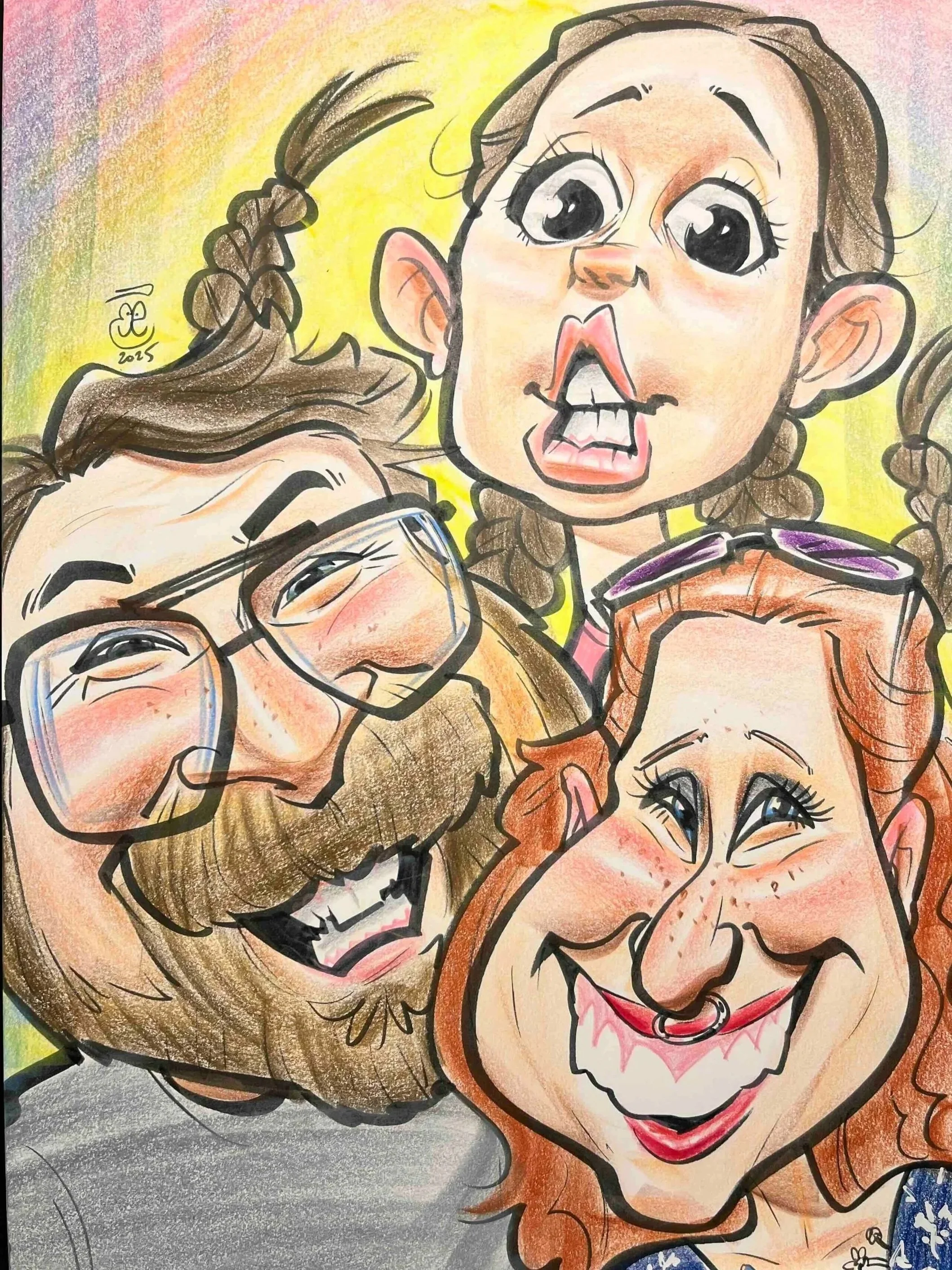 Colorful caricature of four people with big, joyful expressions, drawn live at a Minneapolis party