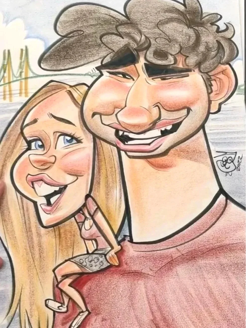 Color caricature of a smiling couple smiling outdoors, with exaggerated features and lush background detail.