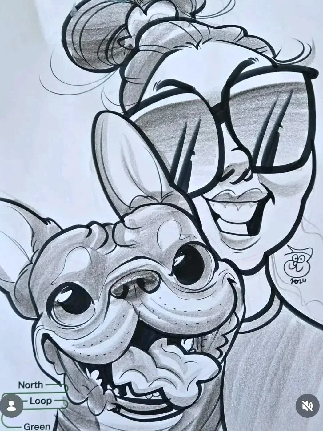 caricature drawing pug dog with tongue out and woman in sunglasses from minneapolis dog day event north loop green