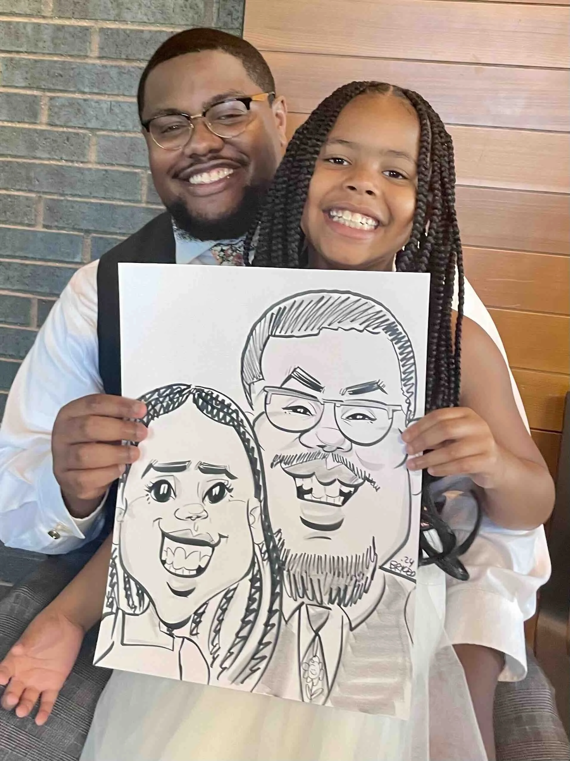 event caricature father daughter braids vest glasses Minneapolis MN wedding