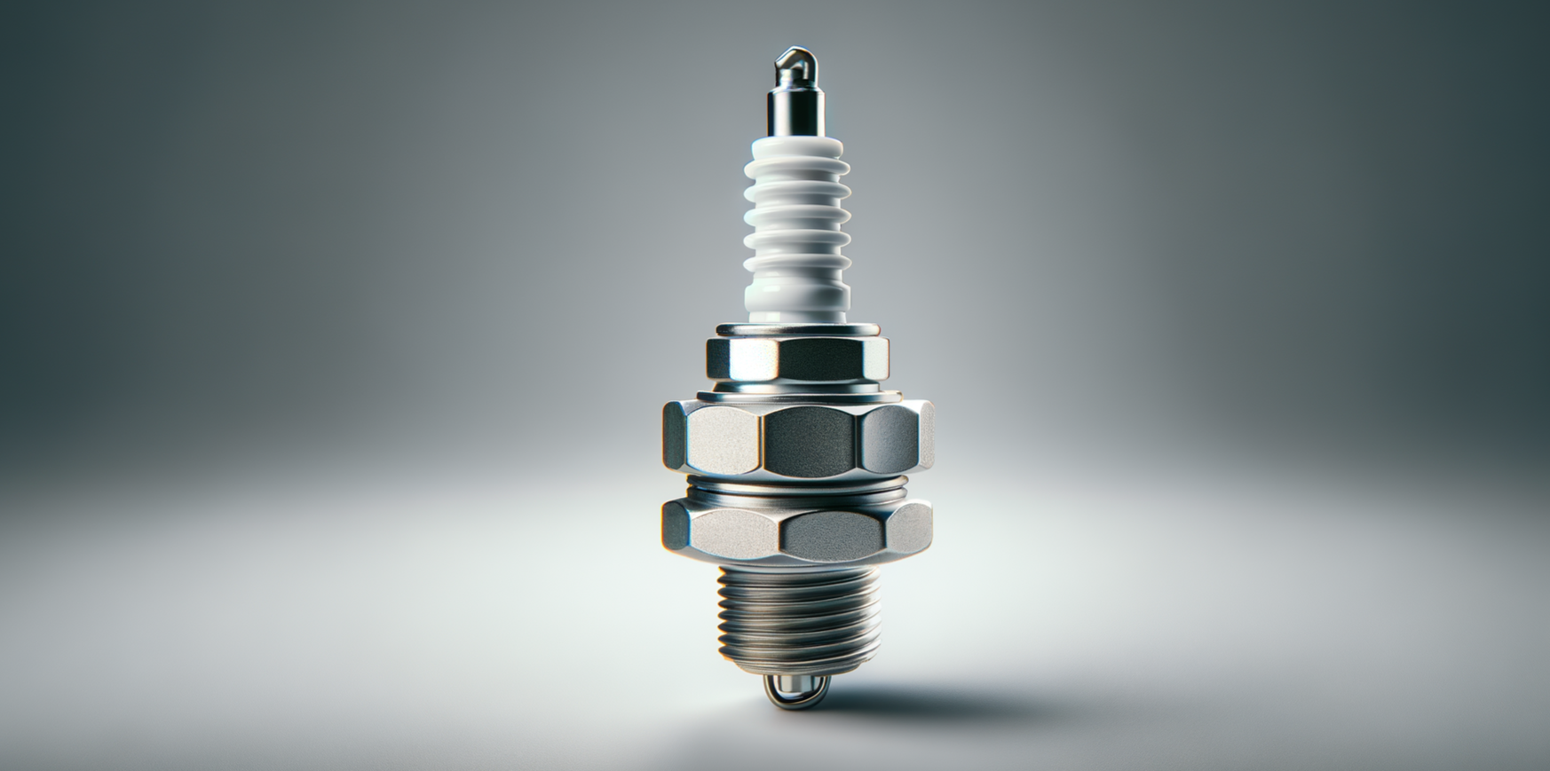 Close-up of a spark plug with metal and ceramic parts, isolated on a gradient gray background.