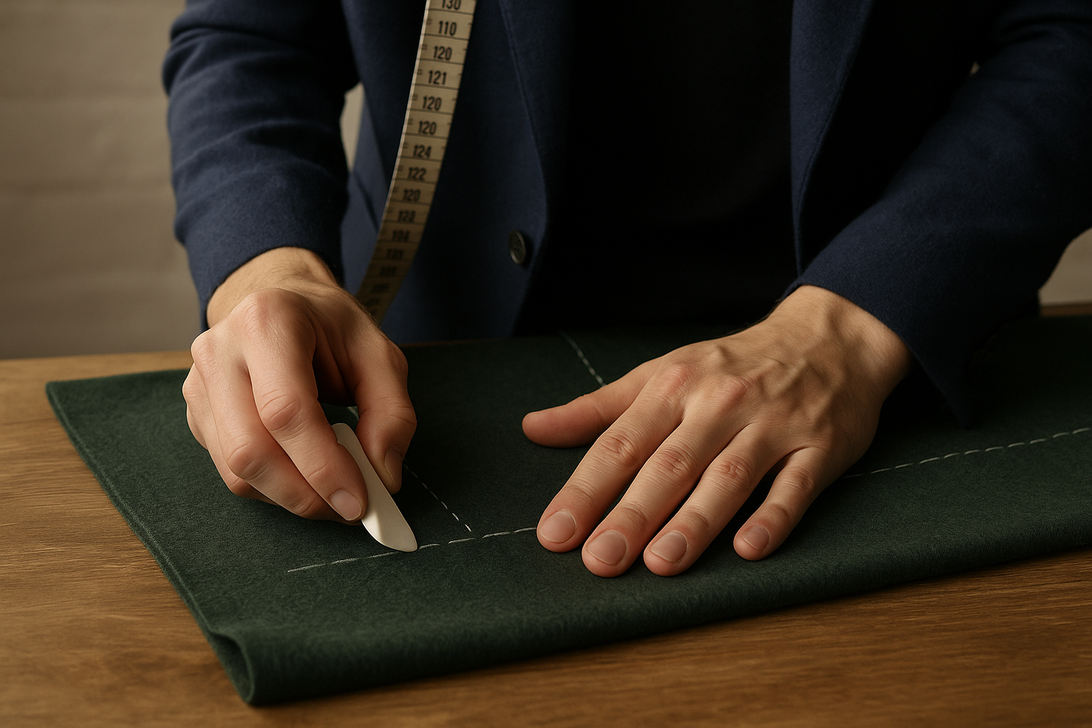 Person measuring fabric with a white tailor's chalk on green fabric.