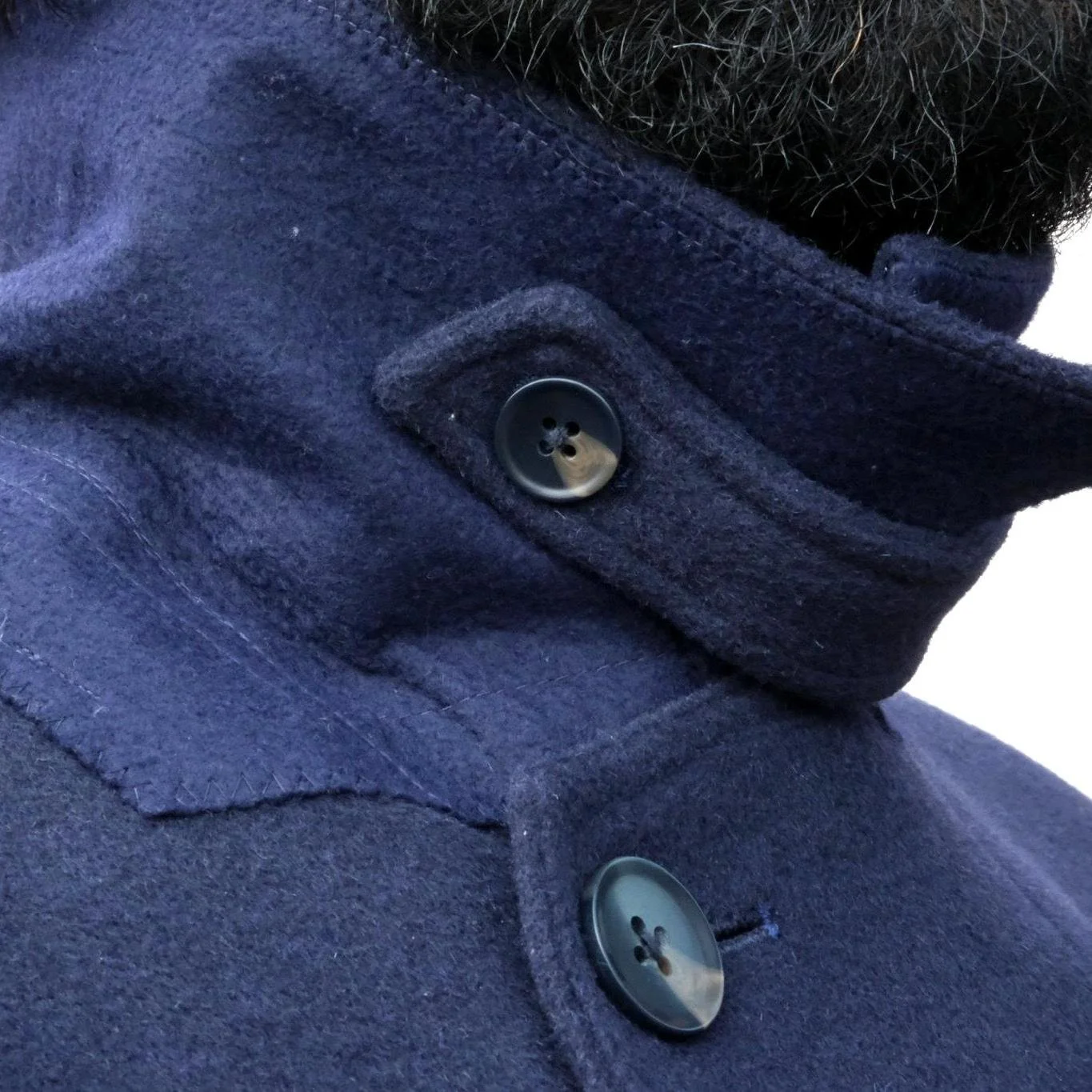 Close-up of a navy blue wool coat with black buttons and a collar, with part of a person's beard visible.
