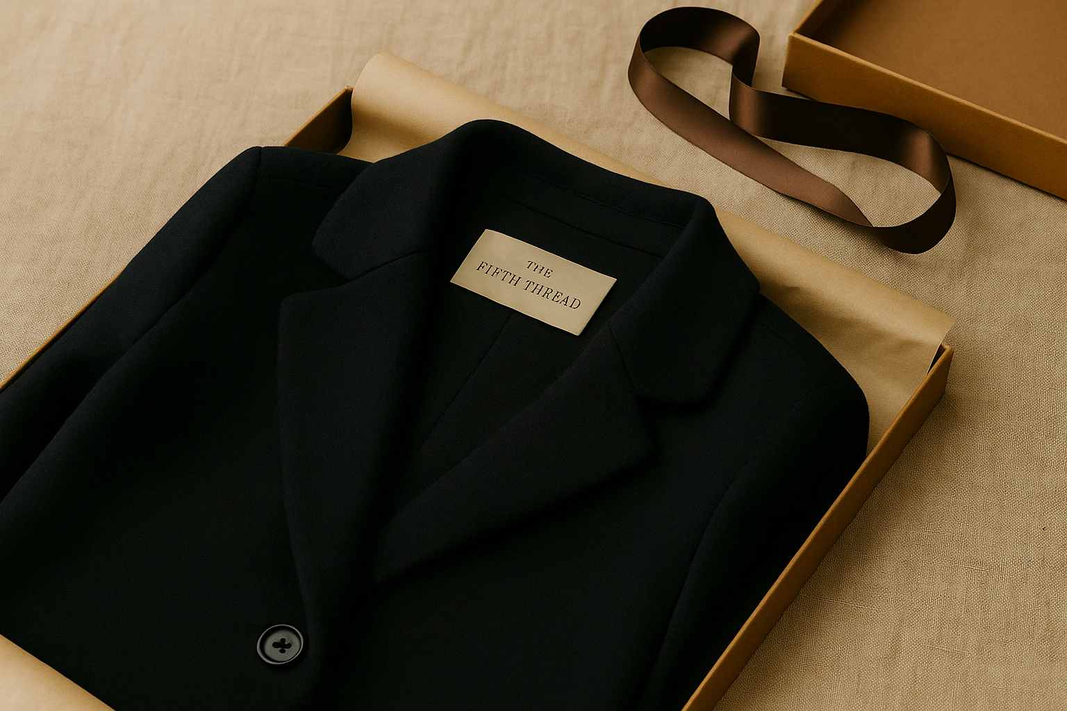 A black blazer in a box with a label reading 'The Fifth Thread', accompanied by a brown ribbon and box on a beige fabric surface.