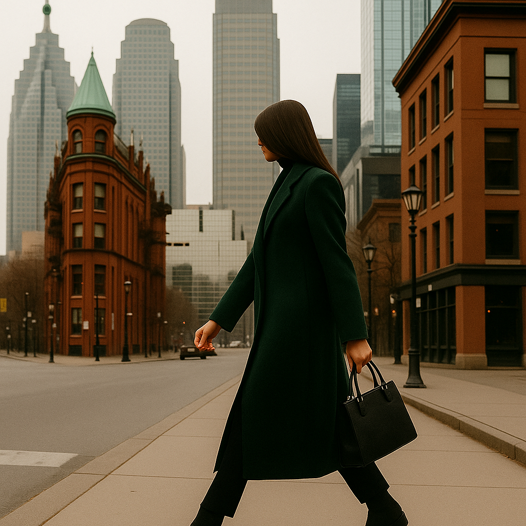 A woman in a dark green coat carrying a black handbag walking on a city sidewalk with tall buildings and a historic red brick building in the background.