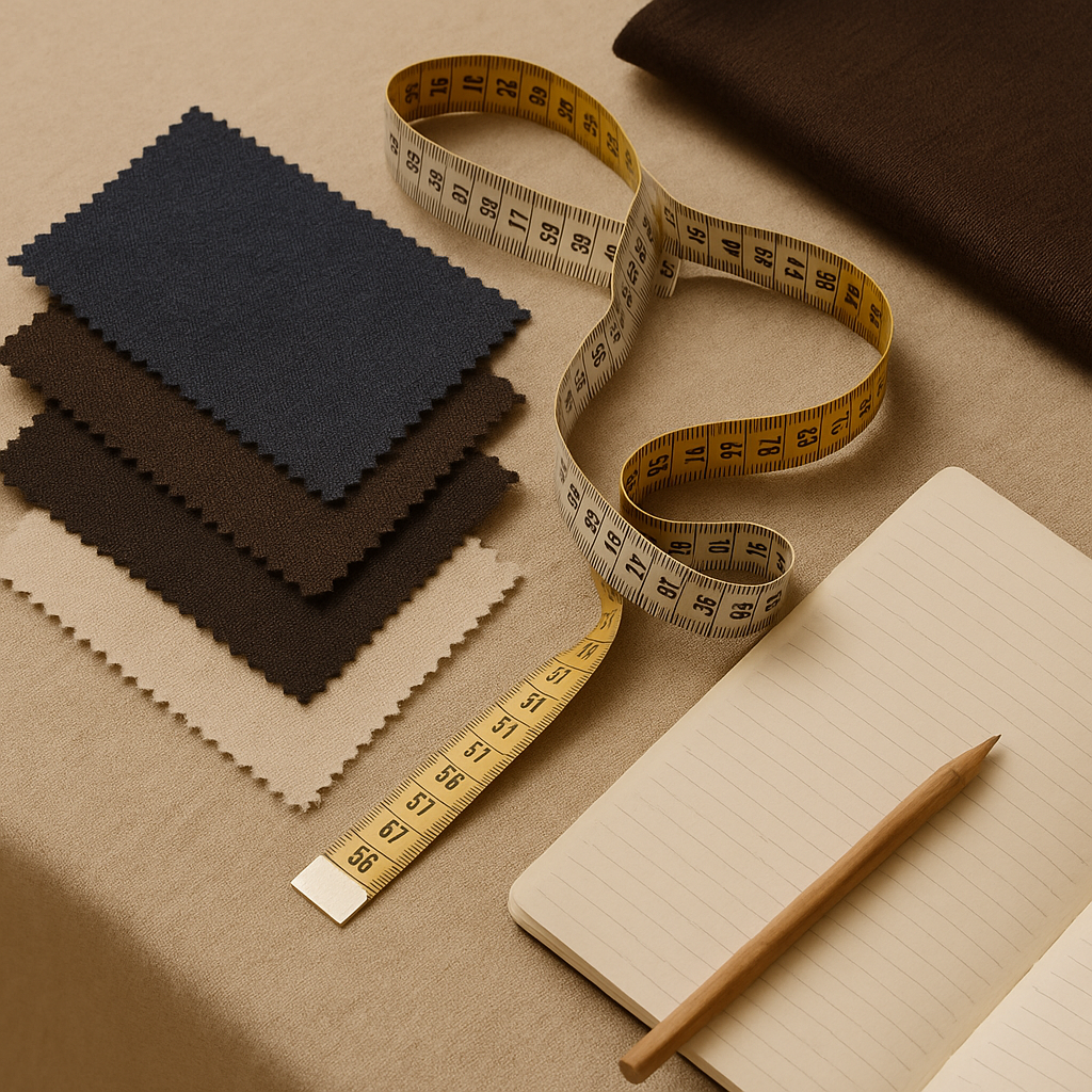 Fabric swatches, a yellow measuring tape, a notebook with a pen, and a piece of brown fabric on a beige surface.