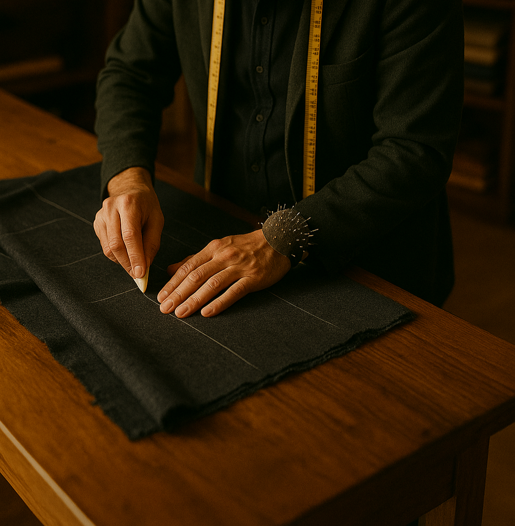 Person using tailor's chalk to mark fabric, with a measuring tape around their neck, on a wooden table.