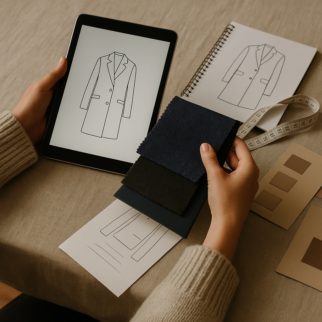 Person designing a coat using a tablet, fabric swatches, sketches, a measuring tape, and color samples on a table.