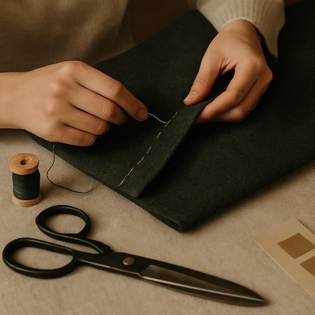 Person sewing a dark fabric with a needle, surrounded by sewing tools including black scissors, spools of thread, and fabric swatches.
