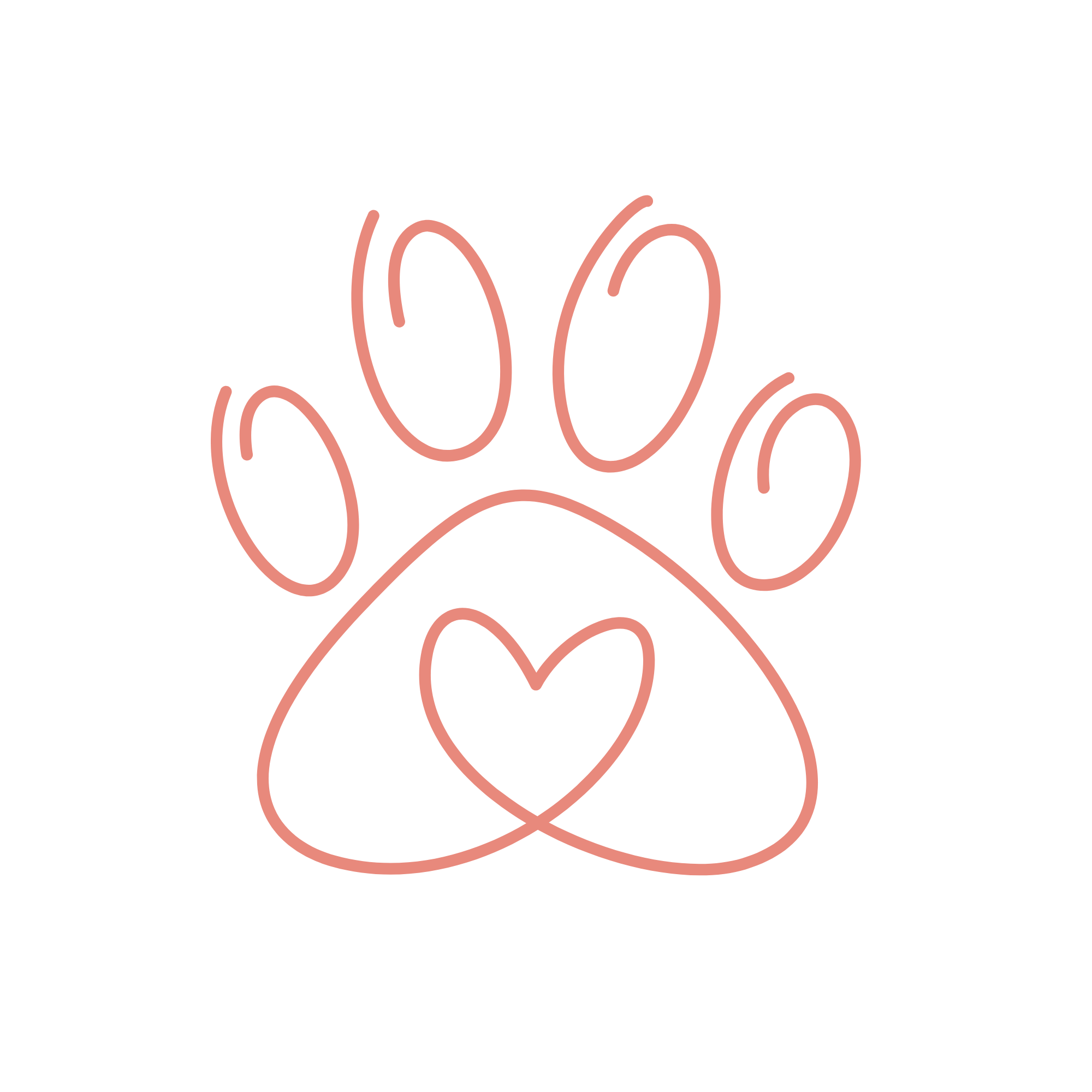 A simple line drawing of a paw print with a heart shape inside the pad.