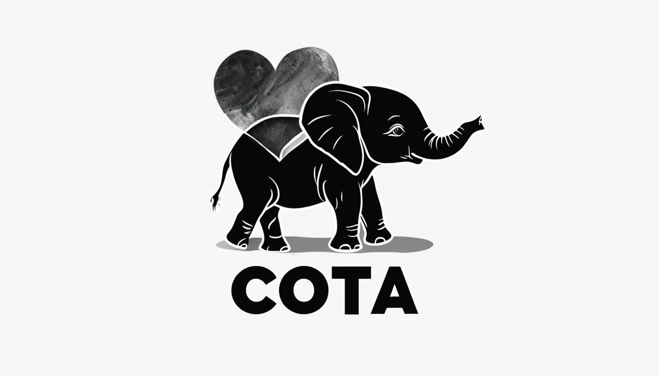 A black and white illustration of an elephant with two heart-shaped balloons attached to its back, with the word "COTA" below.