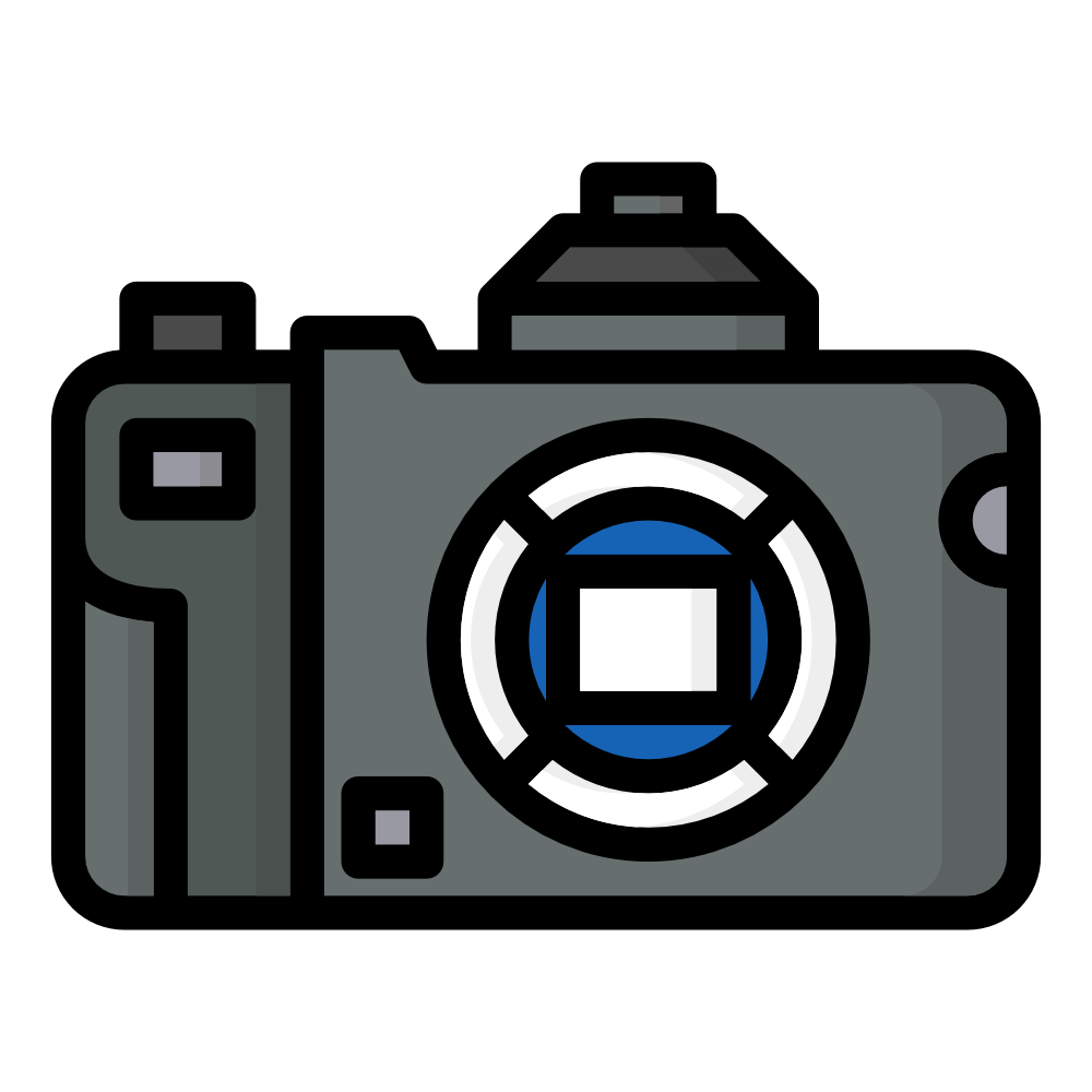 A digital illustration of a camera with a large lens and various control buttons.